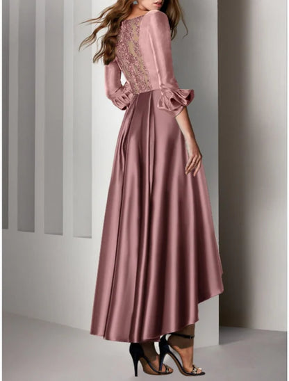 A-Line Cocktail Dresses Party Dress Wedding Guest Birthday Ankle-Length Asymmetrical 3/4 Length Sleeve V Neck Satin with Bow(s) Pleats