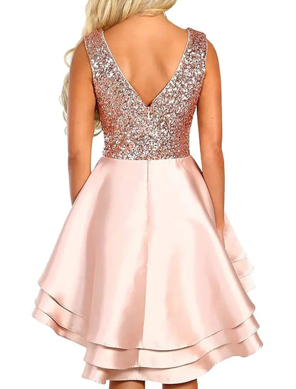 A-Line Party Dress Homecoming Cocktail Party Asymmetrical Sleeveless V Neck Pink Dress Satin with Sequin Tiered