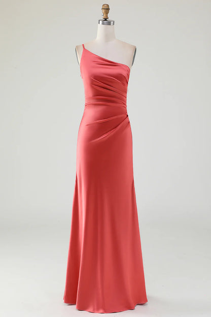 A Line Sheath One Shoulder Floor-Length Pleated Satin Bridesmaid Dress