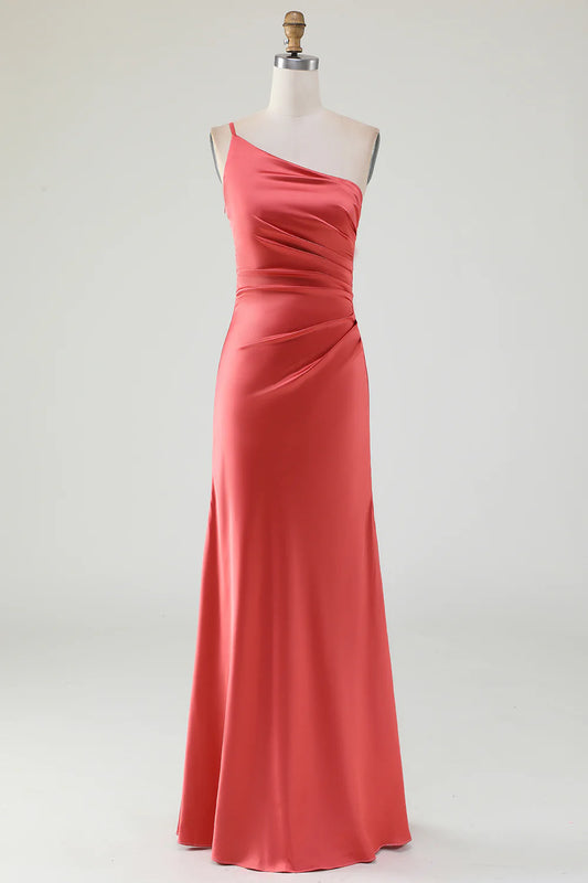 A Line Sheath One Shoulder Floor-Length Pleated Satin Bridesmaid Dress