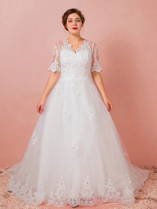 Hall Wedding Dresses Cathedral Train A-Line Half Sleeve V Neck Satin With Lace Crystals