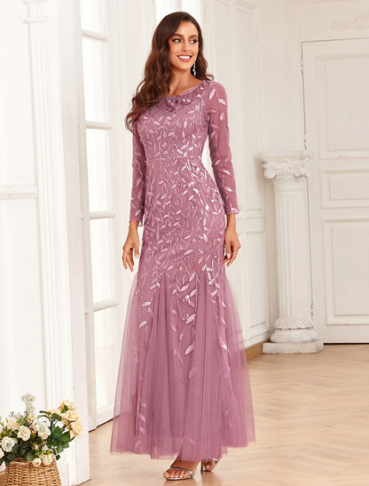 Mermaid / Trumpet Evening Gown Elegant Dress Wedding Guest Prom Floor Length Long Sleeve Jewel Neck Tulle with Embroidery