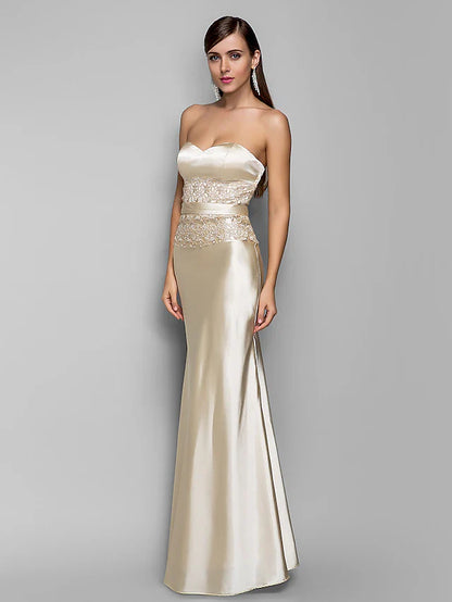 Mermaid / Trumpet Evening Gown Open Back Dress Wedding Guest Floor Length Sleeveless Sweetheart Stretch Satin with Appliques