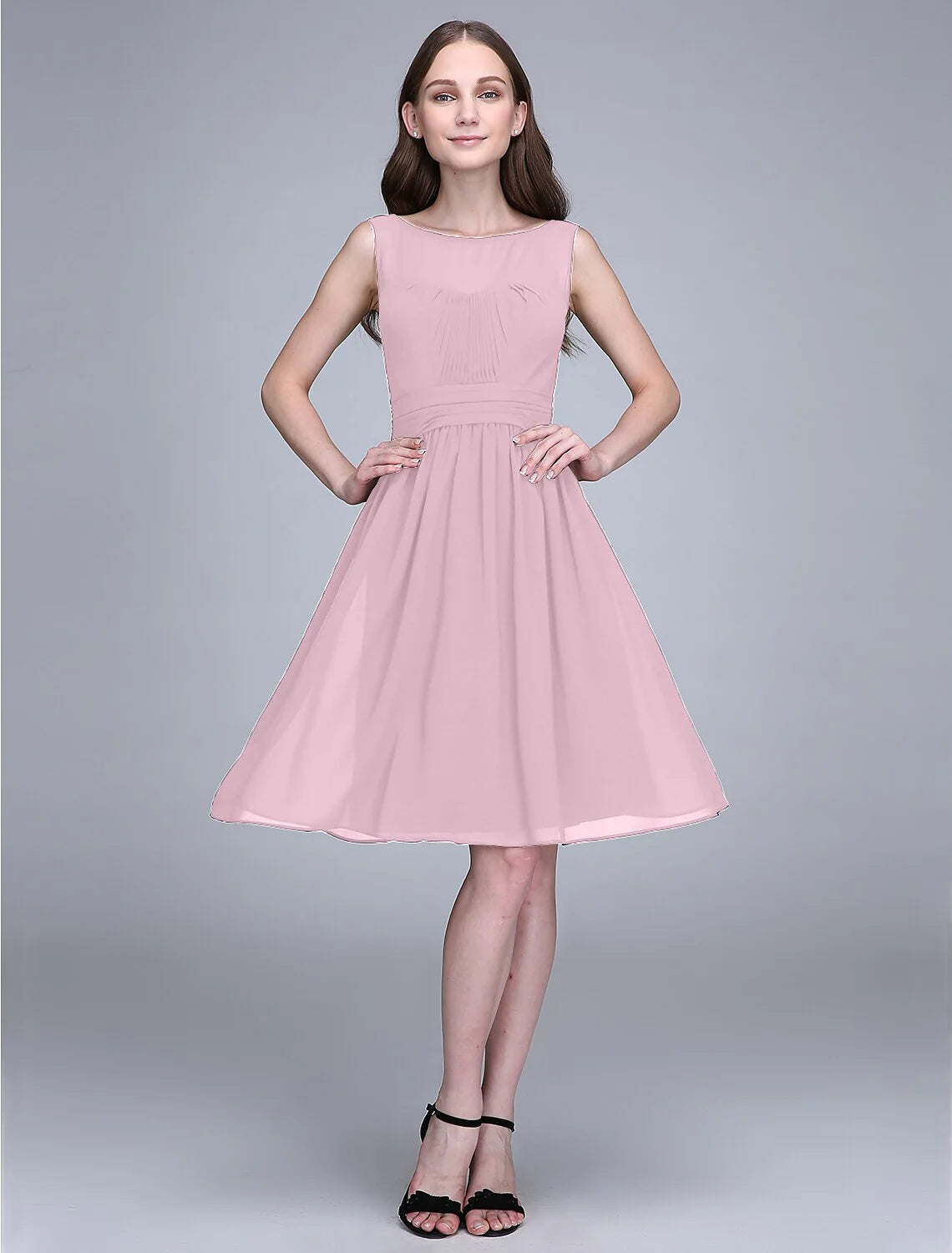 A-Line Bridesmaid Dress Jewel Neck Sleeveless Knee Length Chiffon with Ruched