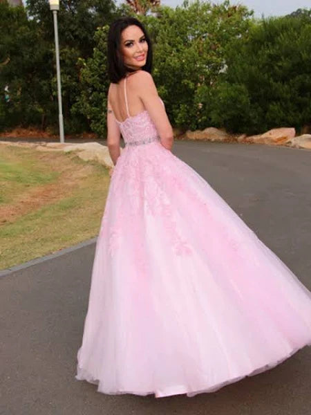 A-Line Princess Tulle Applique Halter Sleeveless Floor-Length Prom Dresses