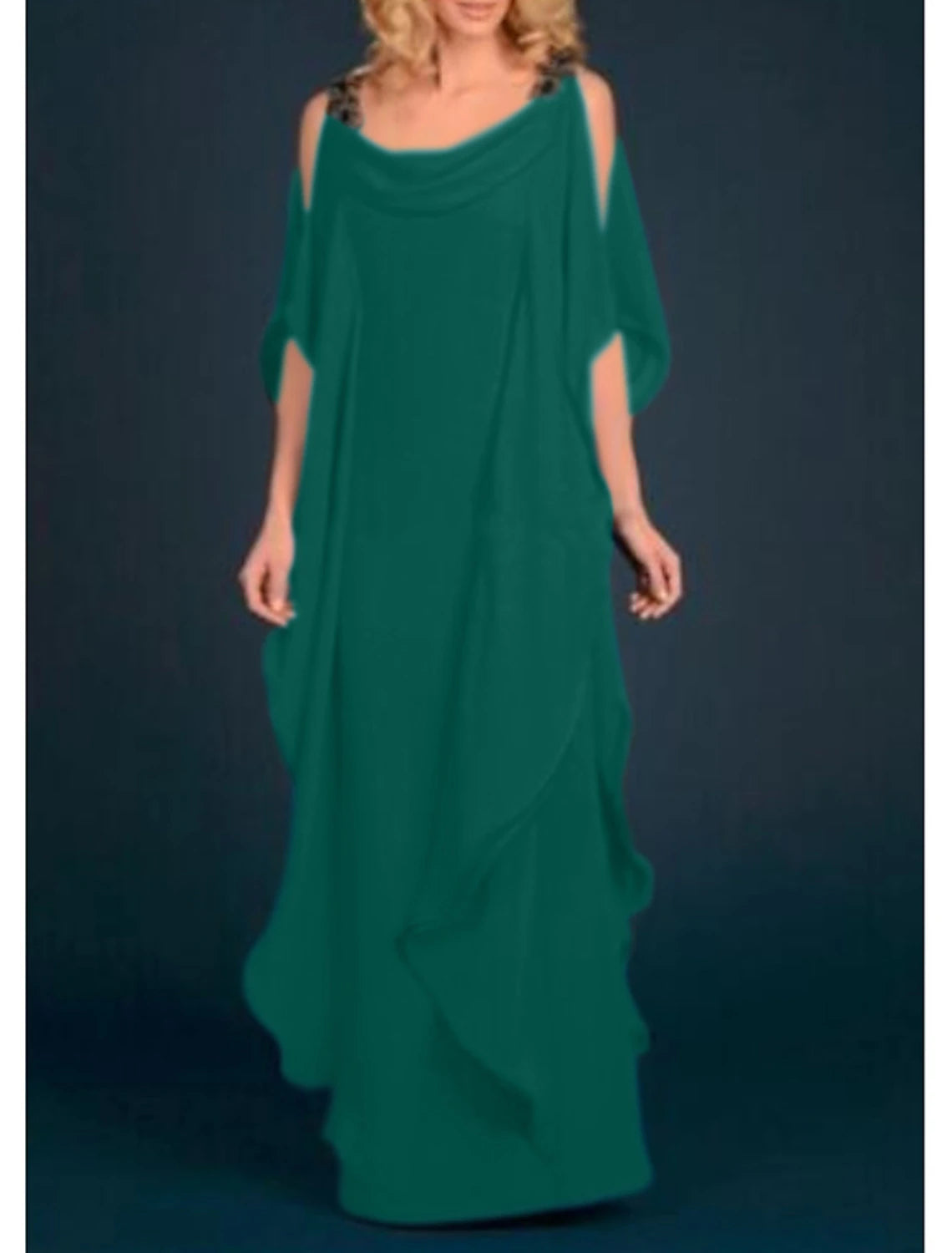 Plus Size Scoop Neck Floor Length Wedding Guest Party Dress Chiffon Half Sleeve Mother of the Bride Dress with Appliques