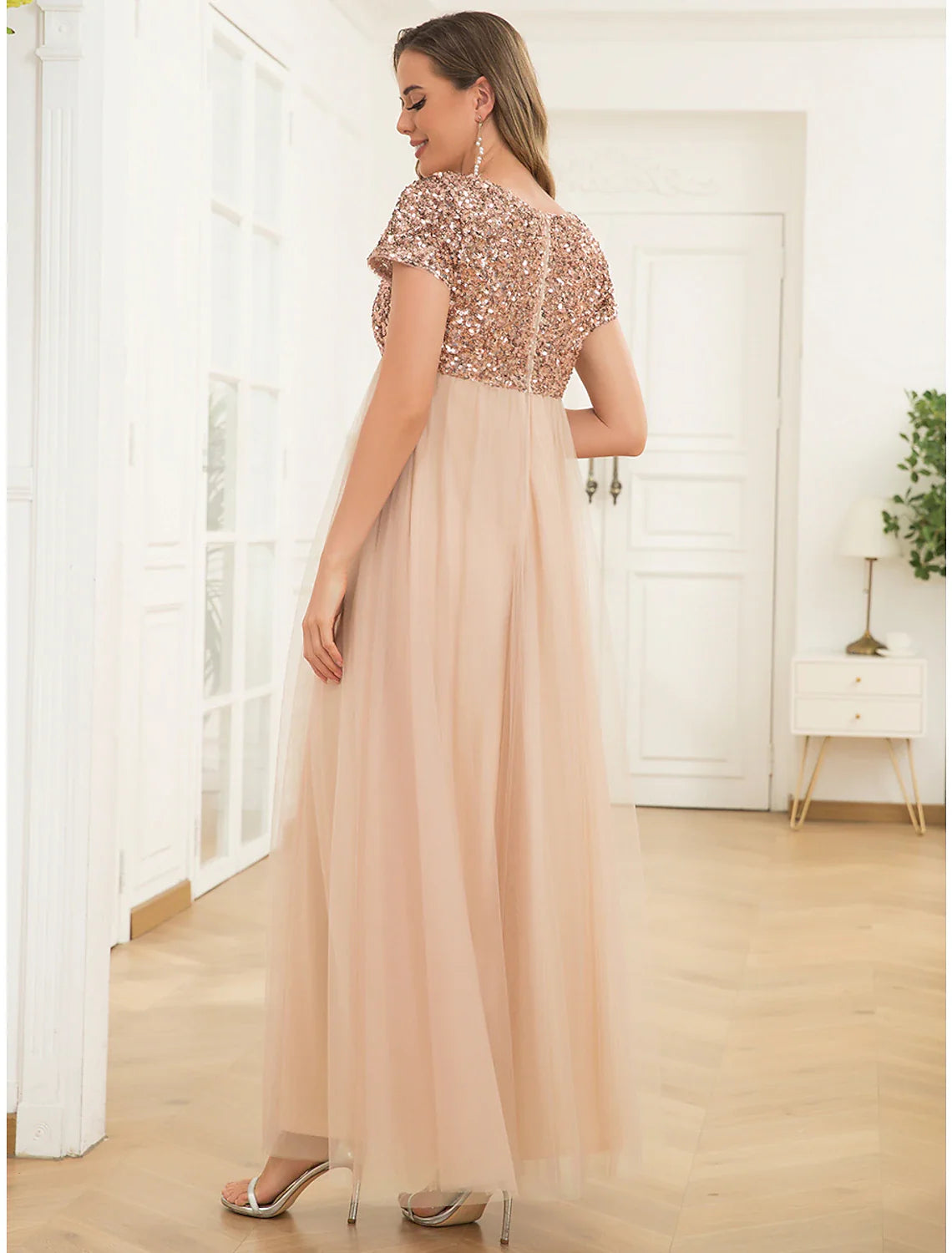 A-Line Party Dresses Maternity Dress Party Wear Ankle Length Short Sleeve Jewel Neck Tulle with Sequin