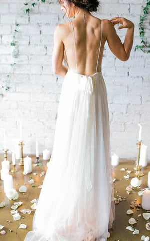 A-Line V Neck Straps Spaghetti Sheath Chiffon Wedding Dress Open Back Floor Length