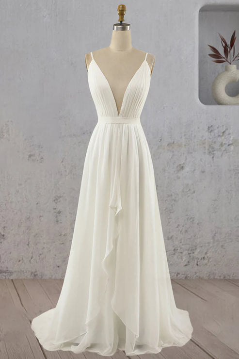 A-Line V Neck Straps Spaghetti Sheath Chiffon Wedding Dress Open Back Floor Length