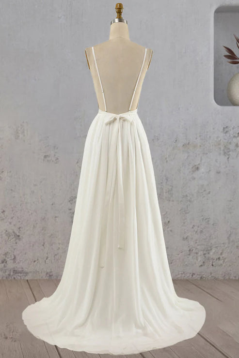 A-Line V Neck Straps Spaghetti Sheath Chiffon Wedding Dress Open Back Floor Length