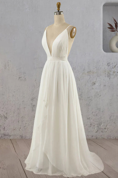 A-Line V Neck Straps Spaghetti Sheath Chiffon Wedding Dress Open Back Floor Length