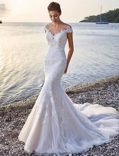 Beach Formal Wedding Dresses Mermaid / Trumpet Scoop Neck Off Shoulder Cap Sleeve Court Train Lace Bridal Gowns With Appliques