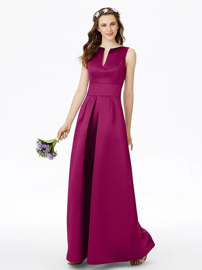 A-Line Bridesmaid Dress Notched Sleeveless Elegant Floor Length Satin with Pleats / Pocket