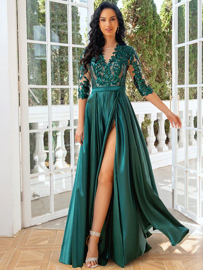 A-Line Evening Gown Elegant Dress Wedding Party Floor Length Half Sleeve Illusion Neck Satin with Pleats Sequin Slit