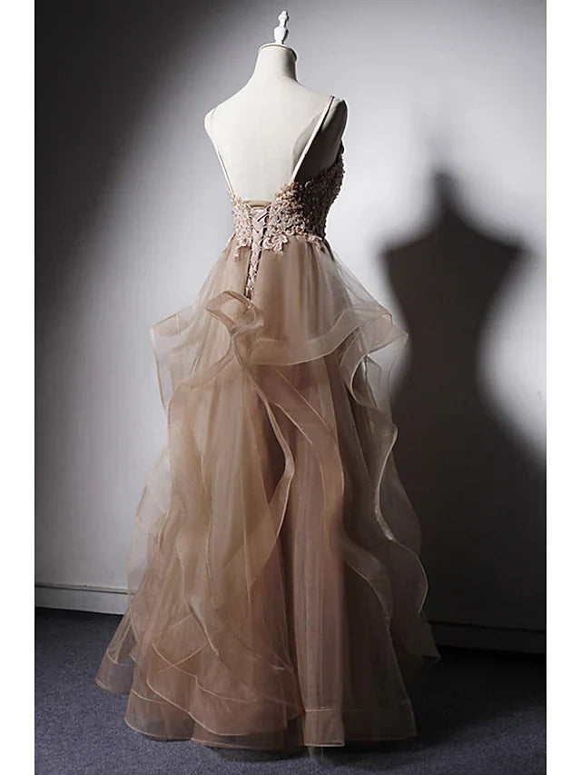 A-Line Prom Dresses Sexy Dress Formal Floor Length Sleeveless Spaghetti Strap Lace with Ruffles Appliques