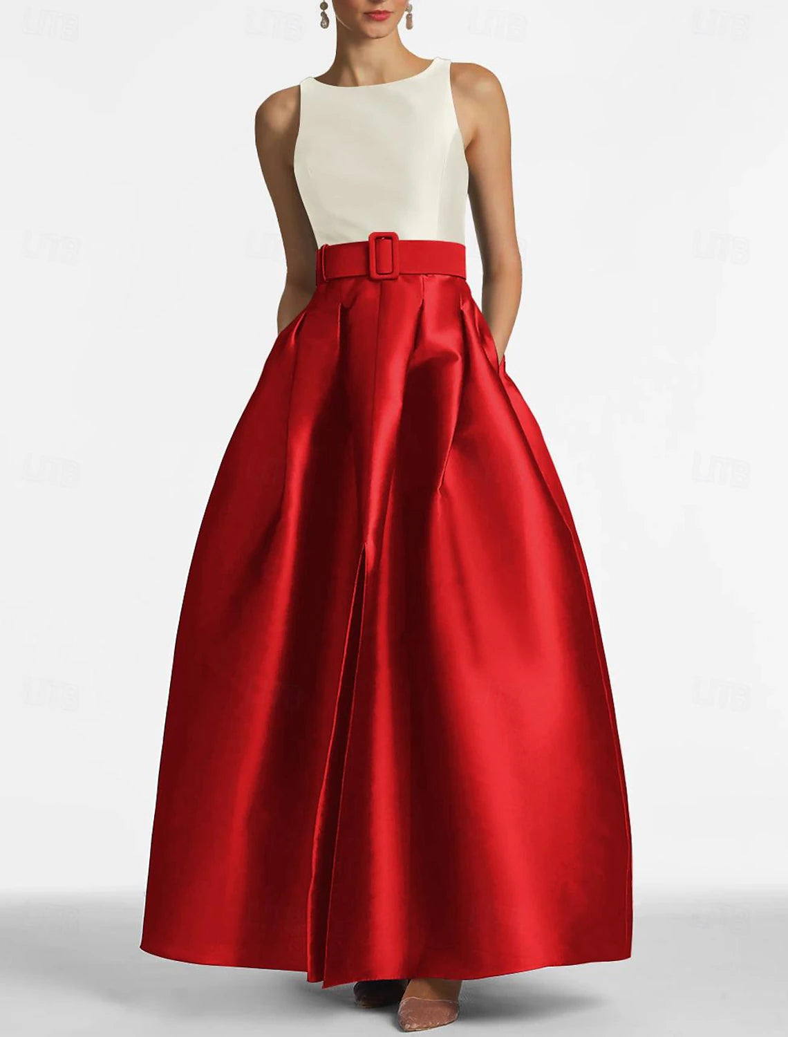 A-Line Wedding Guest Dress Dress Formal Floor Length Sleeveless Jewel Neck Belt / Sash Satin with Pleats Slit