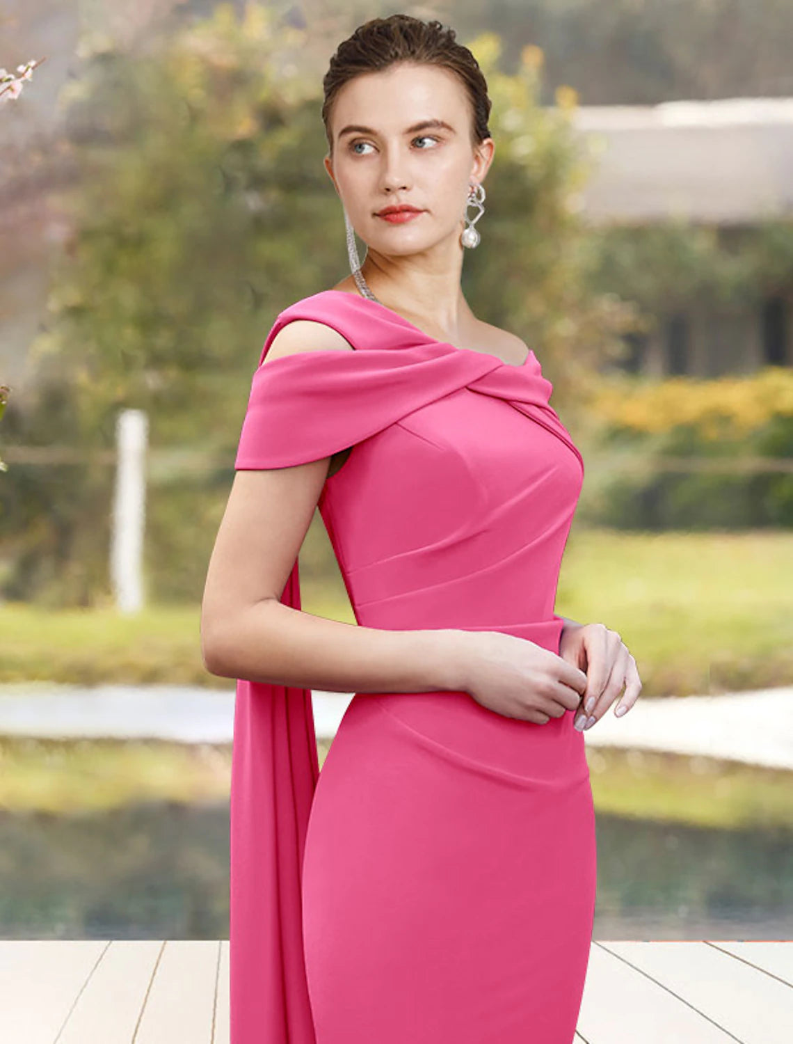 Sheath / Column Mother of the Bride Dress Wedding Guest Jewel Neck Knee Length Stretch Chiffon 3/4 Length Sleeve with Side-Draped