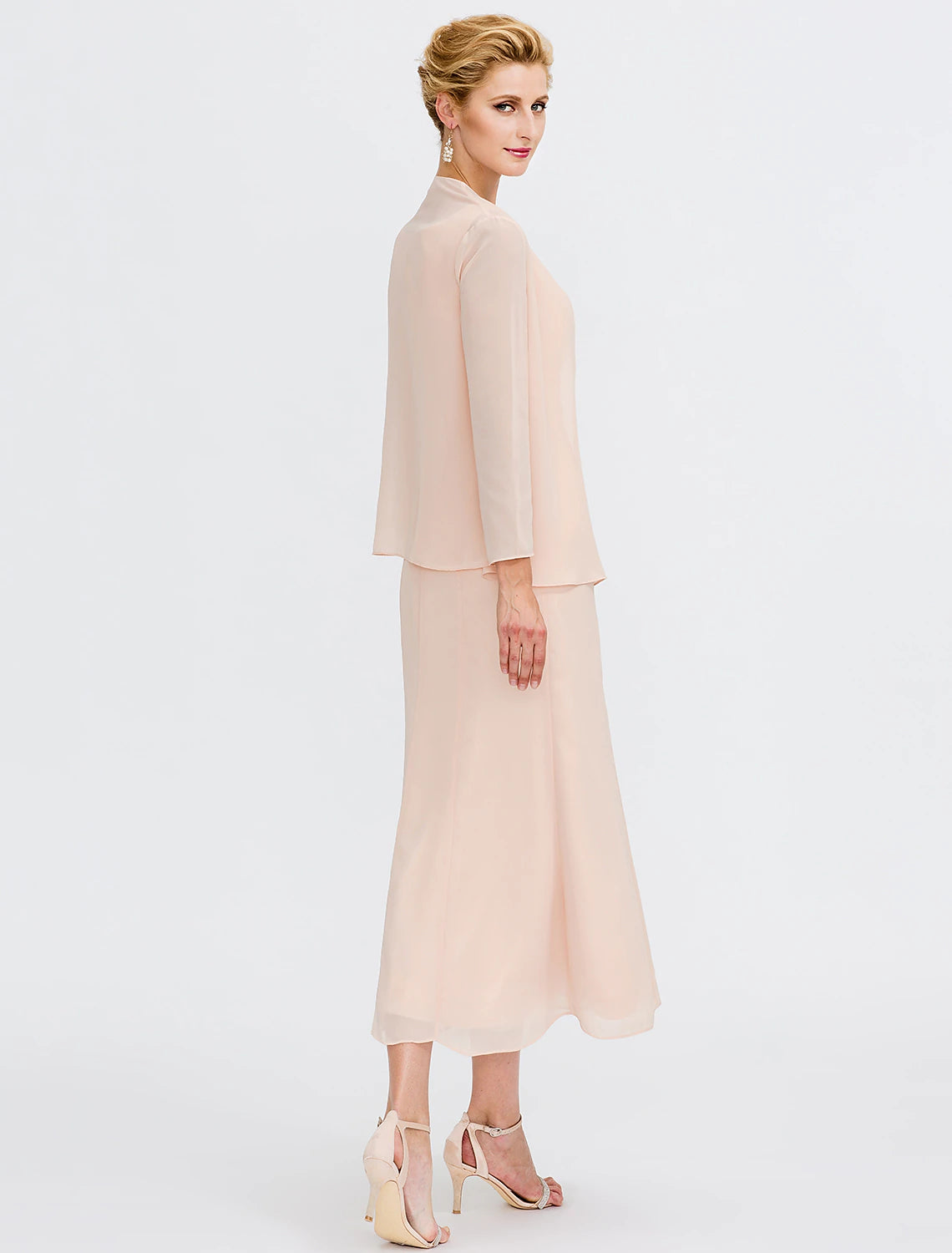 Two Piece Sheath / Column Mother of the Bride Dress Wedding Guest Elegant Plus Size Jewel Neck Tea Length Chiffon Sleeveless Wrap Included with Sash / Ribbon Pleats Beading