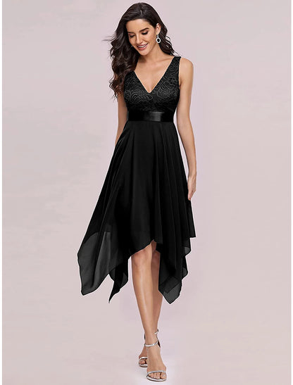 A-Line Cocktail Dresses Party Dress Homecoming Wedding Guest Asymmetrical Sleeveless V Neck Chiffon V Back with Pure Color Splicing