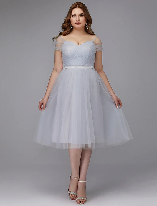 Plus Size A-Line Elegant Dress Homecoming Dresses Wedding Guest Cocktail Party Tea Length Short Sleeve Off Shoulder Tulle with Sash / Ribbon Criss Cross