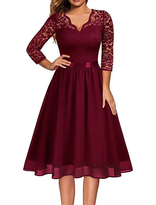 Party Dress Lace Dress Cocktail Dress Midi Dress Wine Half Sleeve Pure Color Lace Spring Fall Winter V Neck Elegant Wedding Guest Dresses