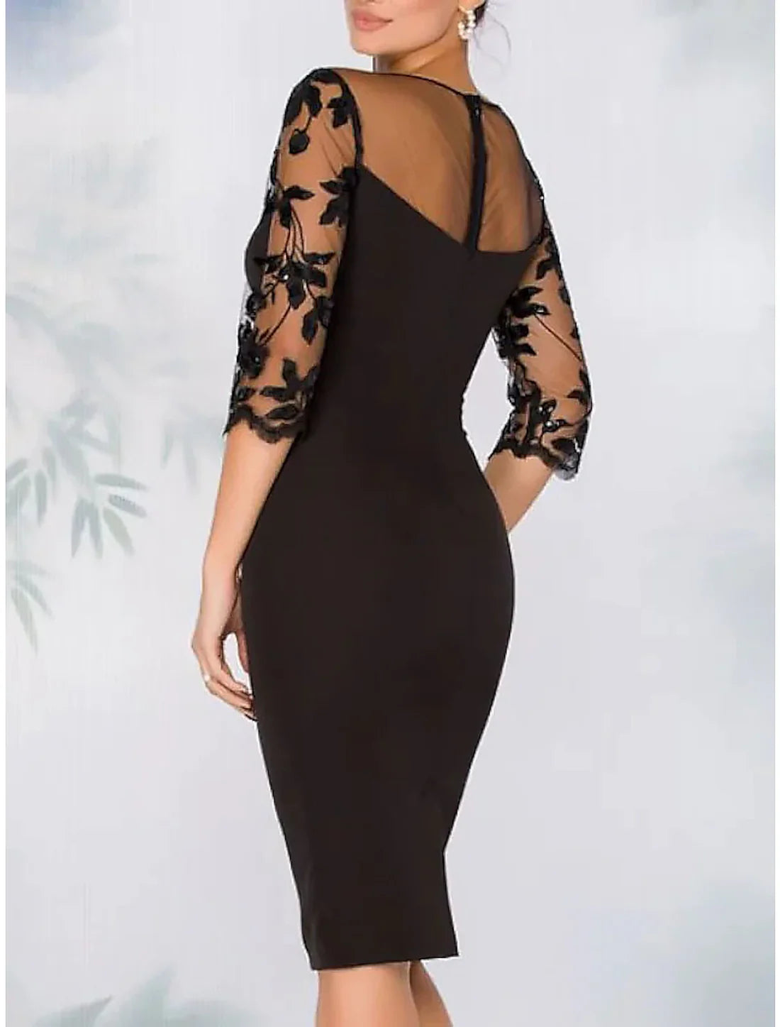 Sheath Cocktail Elegant Dress Fall Wedding Guest Dress Long Sleeve Black Dress Midi Dress Floral Embroidery Illusion Neck With Beading Lace
