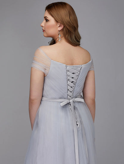 A-Line Elegant Dress Wedding Guest Cocktail Party Tea Length Short Sleeve Off Shoulder Tulle with Sash / Ribbon Criss Cross