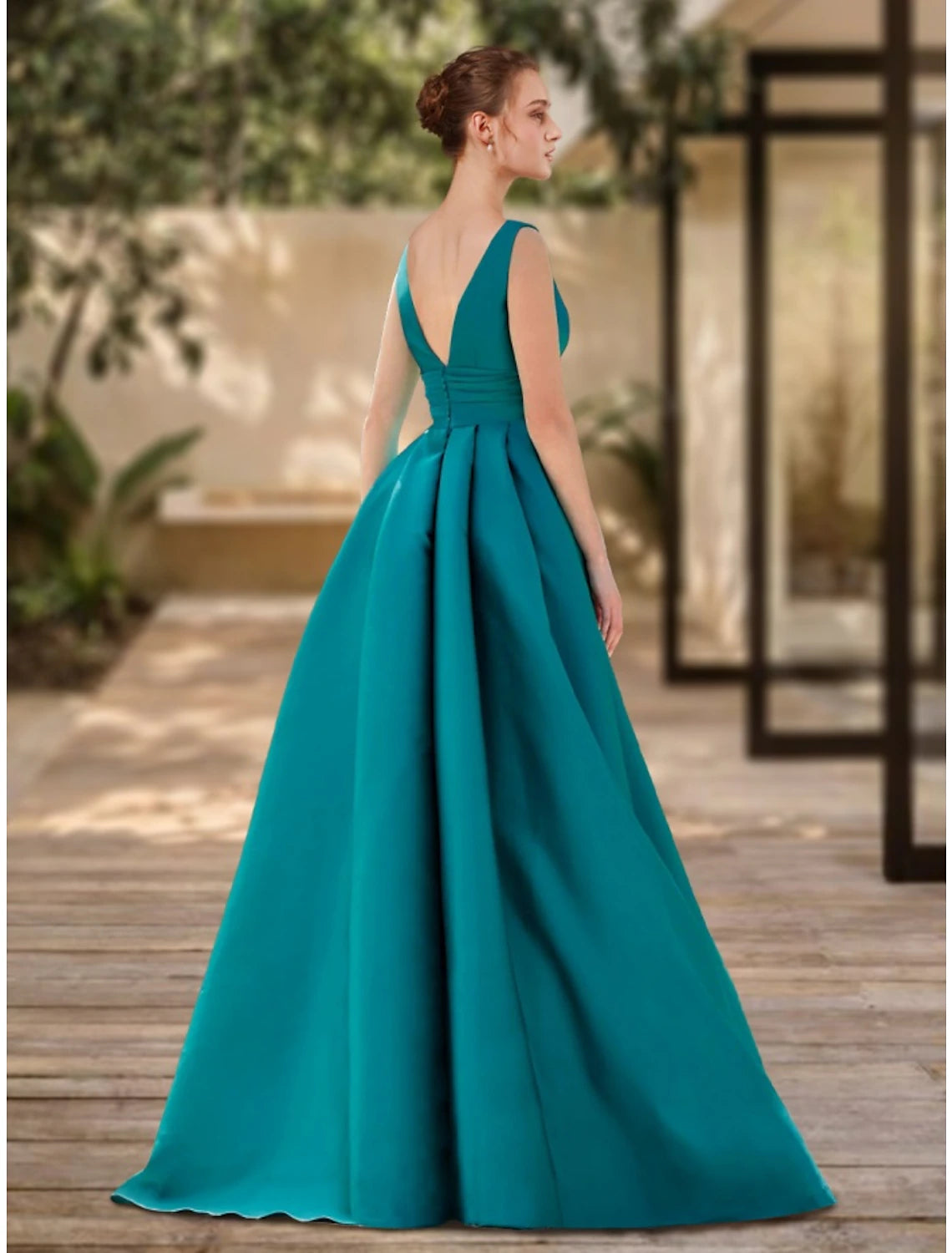 A-Line Evening Gown Elegant Dress Formal Sweep / Brush Train Christmas Red Green Dress Sleeveless V Neck Satin with Pleats Ruched