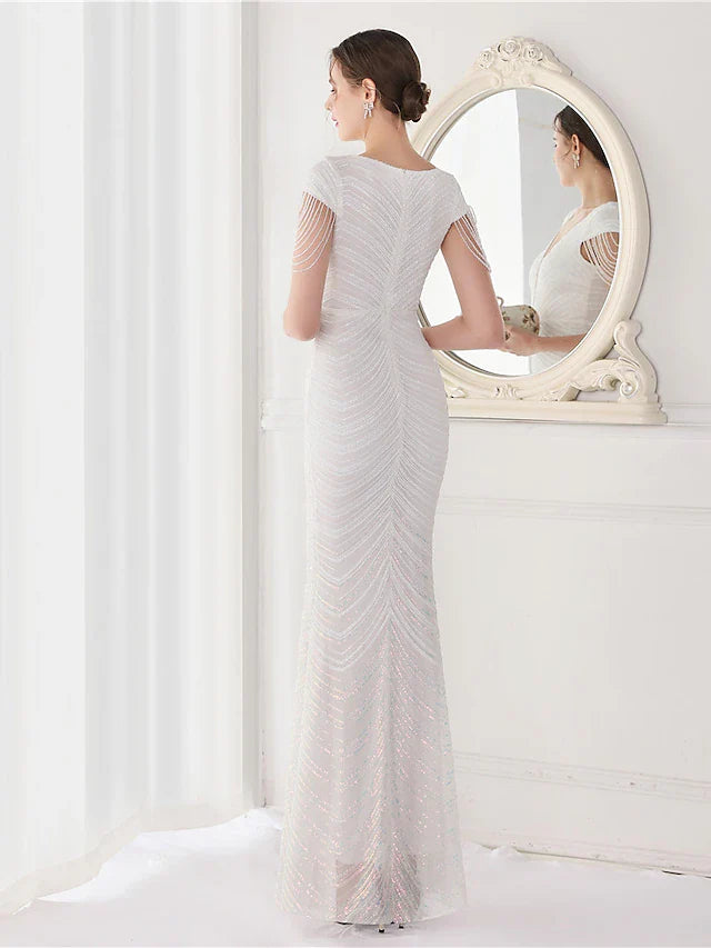 Mermaid / Trumpet Evening Gown Elegant Dress Wedding Guest Floor Length Sleeveless V Neck Sequined V Back with Sequin