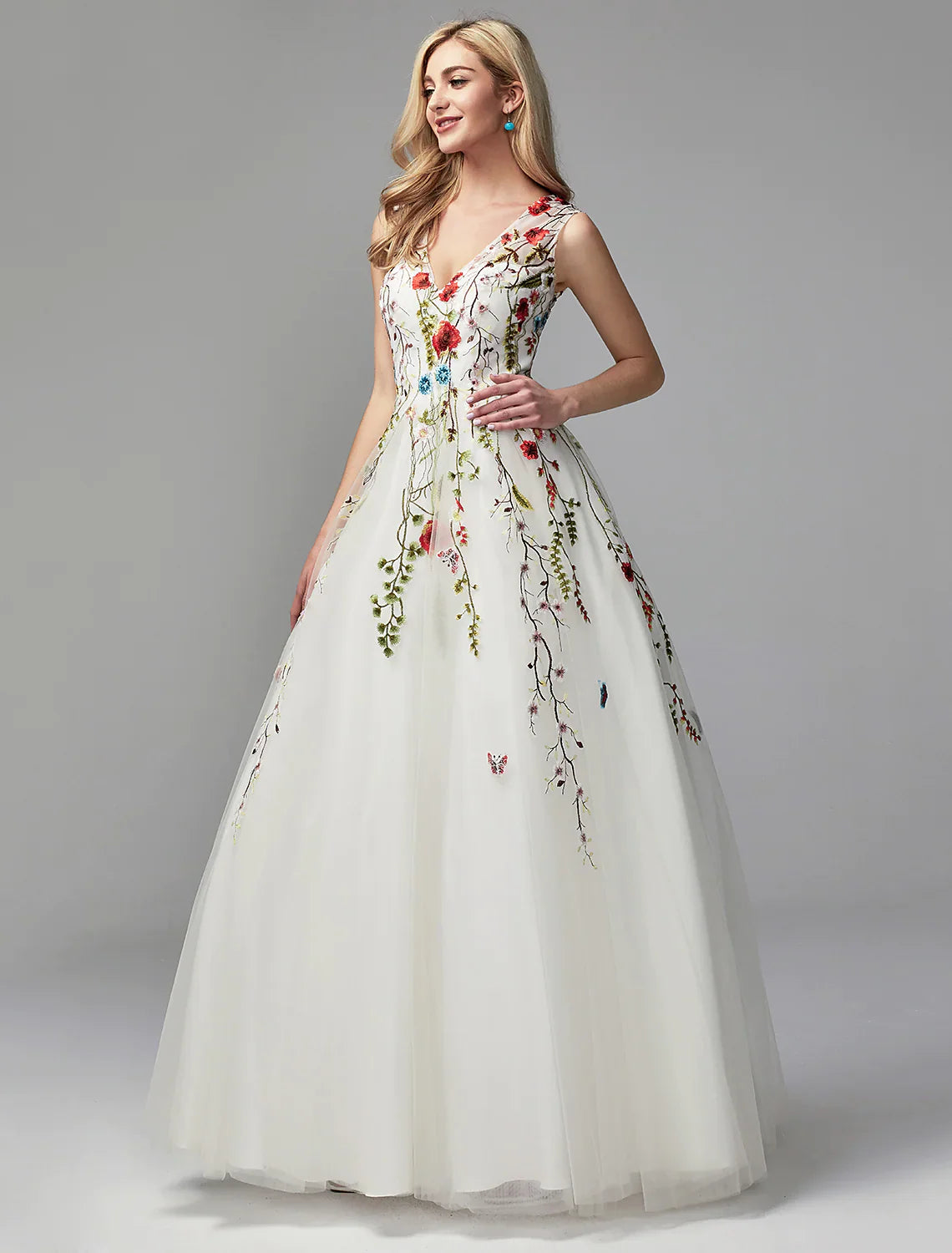 A-Line  Dresses White Dress Homecoming Floor Length Sleeveless V Neck Lace with Embroidery Appliques