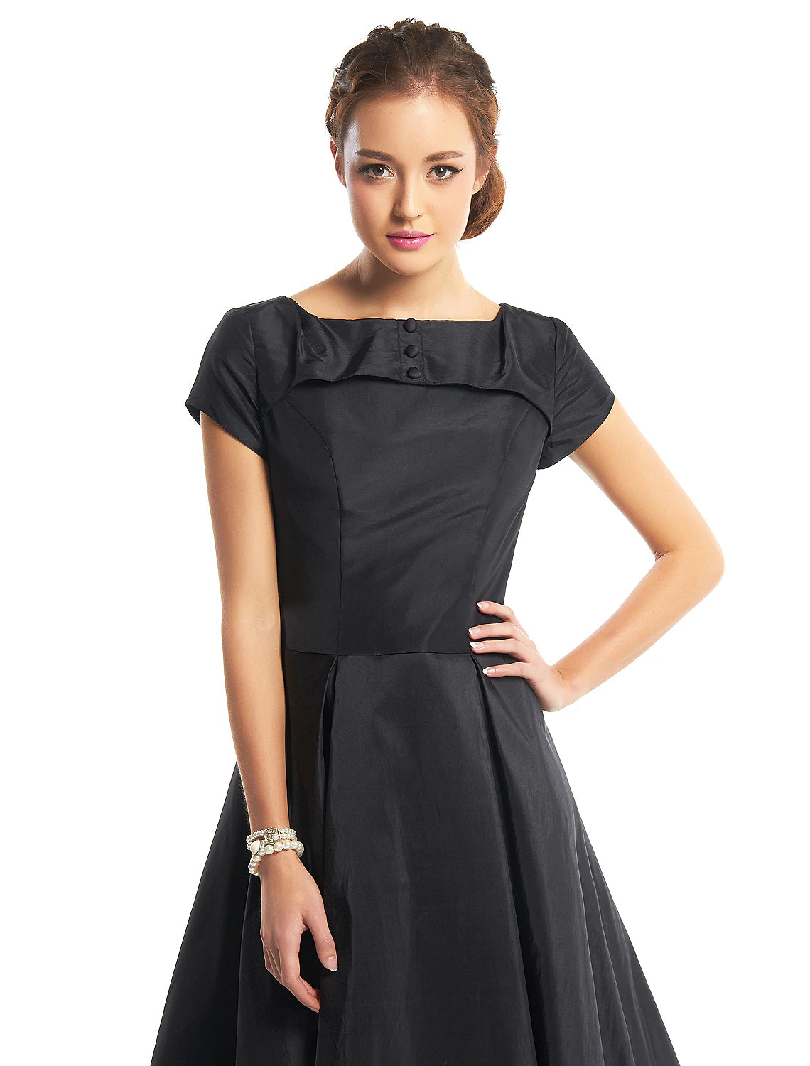 A-Line Black Dress Vintage Homecoming Wedding Guest Tea Length Short Sleeve Boat Neck Taffeta with Buttons