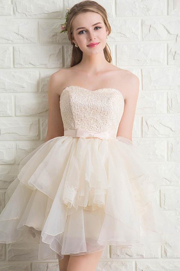 A Line Sleeveless Strapless Homecoming Dresses  Tulle Lace Short Cocktail Dresses