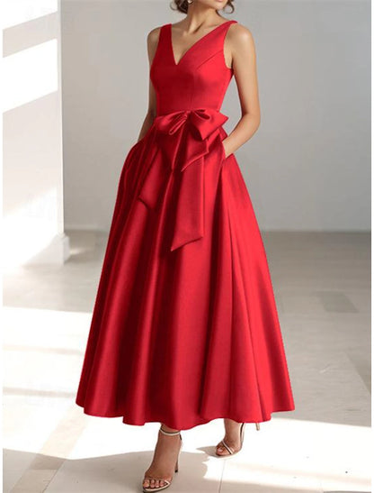 A-Line Cocktail Dresses Elegant Dress Wedding Guest Tea Length Sleeveless V Neck Pocket Satin with Bow(s)