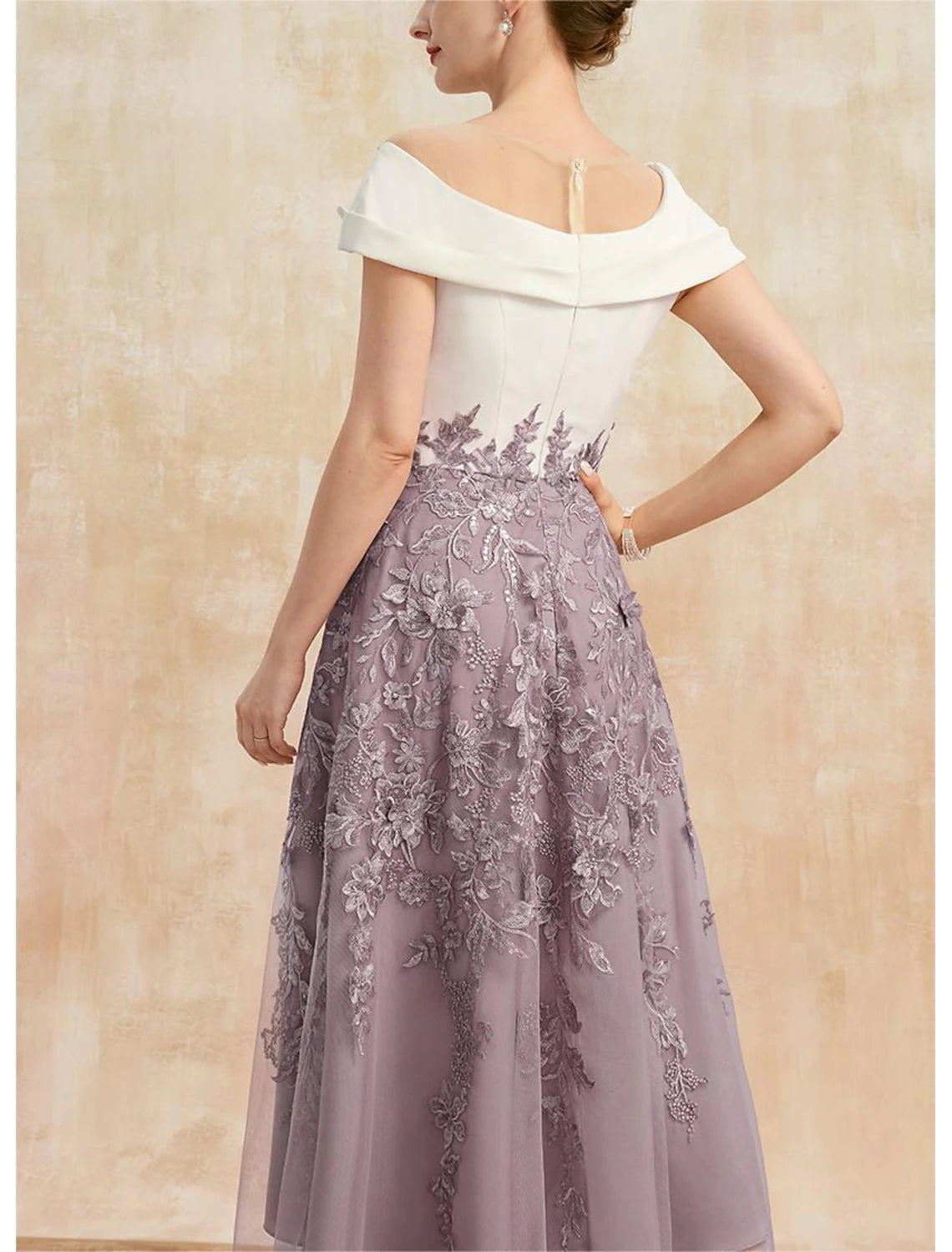 A-Line Mother of the Bride Dress Wedding Guest Cowl Neck Tea Length Lace Stretch Fabric Short Sleeve Cap Sleeve with Bow(s) Ruched Appliques