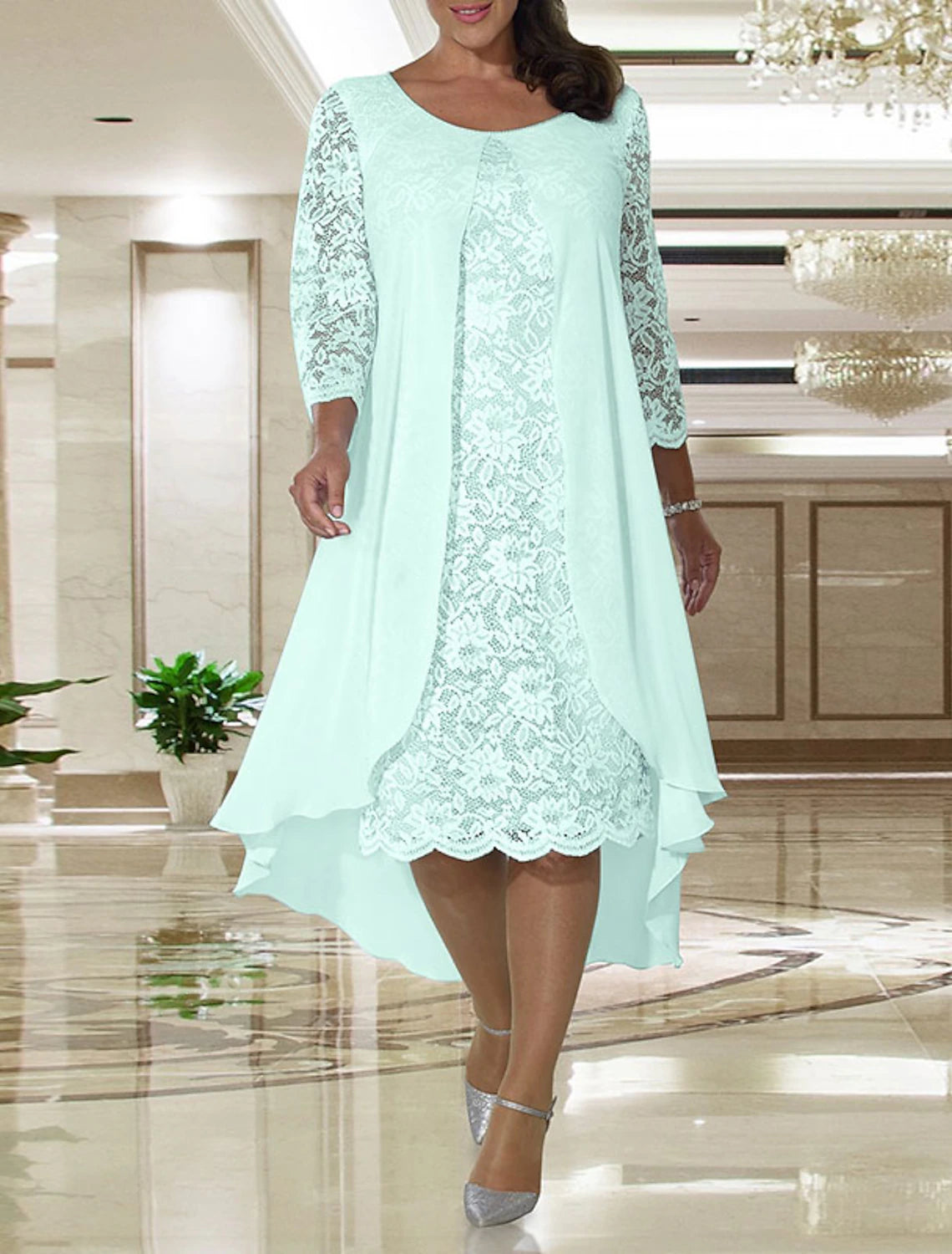 A-Line  Plus Size Jewel Neck Wedding Guest Dress Knee Length Chiffon Lace Long Sleeve Mother of the Bride Dress