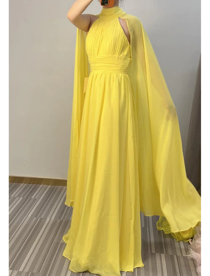 A-Line Wedding Guest Dress Floor Length Sleeveless High Neck Capes Chiffon with Ruched