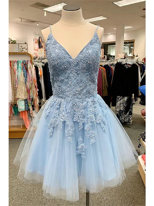 A-Line Homecoming Dresses Floral Dress Party Wear Short / Mini Sleeveless Spaghetti Strap Tulle with Appliques