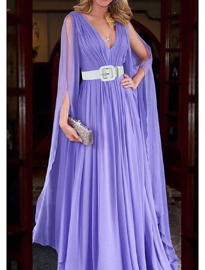 A-Line Wedding Guest Dresses Wedding Party Dress Black Tie Floor Length Long Sleeve V Neck Fall Chiffon with Belt