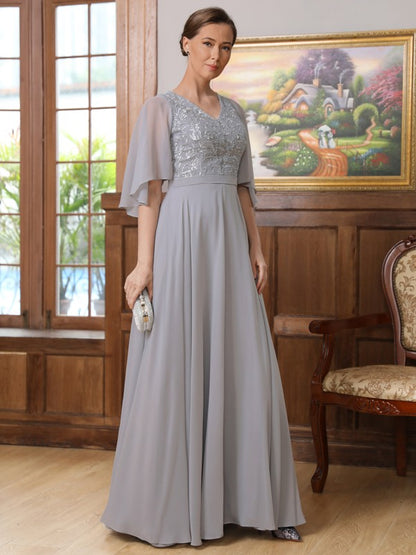 A-Line/Princess Chiffon Applique V-neck 1/2 Sleeves Floor-Length Mother of the Bride Dresses