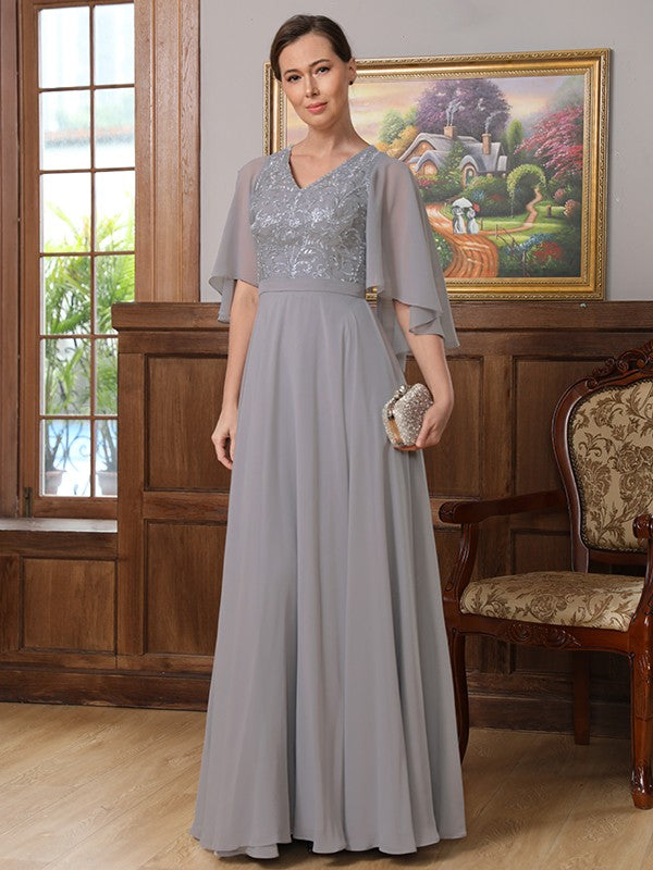 A-Line/Princess Chiffon Applique V-neck 1/2 Sleeves Floor-Length Mother of the Bride Dresses