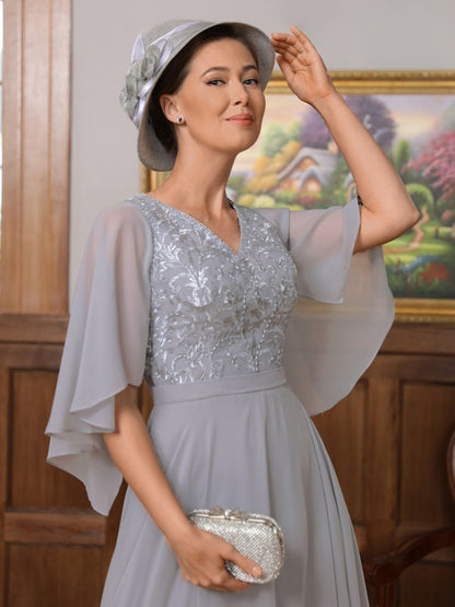 A-Line/Princess Chiffon Applique V-neck 1/2 Sleeves Floor-Length Mother of the Bride Dresses