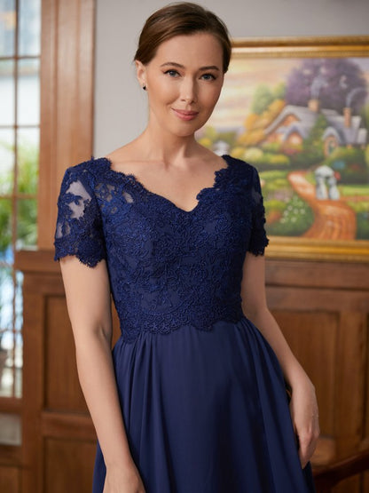 A-Line/Princess Chiffon Lace V-neck Short Sleeves Floor-Length Mother of the Bride Dresses