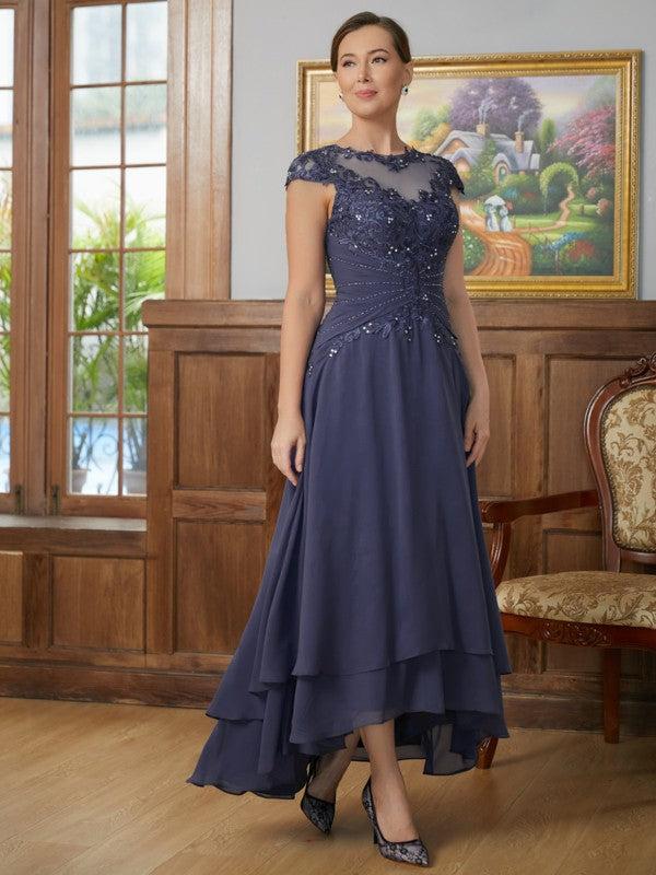 A-Line/Princess Chiffon Applique Scoop Short Sleeves Asymmetrical Mother of the Bride Dresses