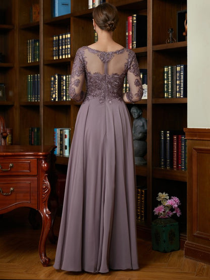 A-Line/Princess Chiffon Lace Scoop 3/4 Sleeves Floor-Length Mother of the Bride Dresses