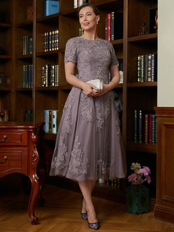 A-Line/Princess Chiffon Lace Scoop Short Sleeves Tea-Length Mother of the Bride Dresses