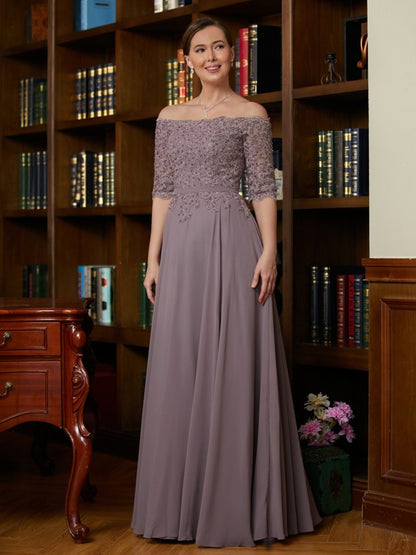 A-Line/Princess Chiffon Applique Off-the-Shoulder 3/4 Sleeves Floor-Length Mother of the Bride Dresses