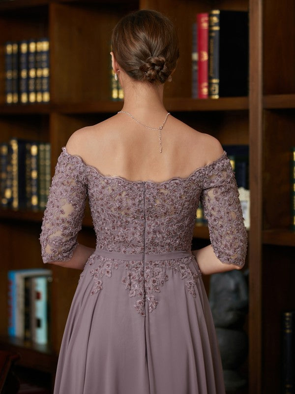 A-Line/Princess Chiffon Applique Off-the-Shoulder 3/4 Sleeves Floor-Length Mother of the Bride Dresses