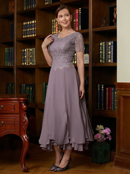 A-Line/Princess Chiffon Lace Scoop Short Sleeves Ankle-Length Mother of the Bride Dresses