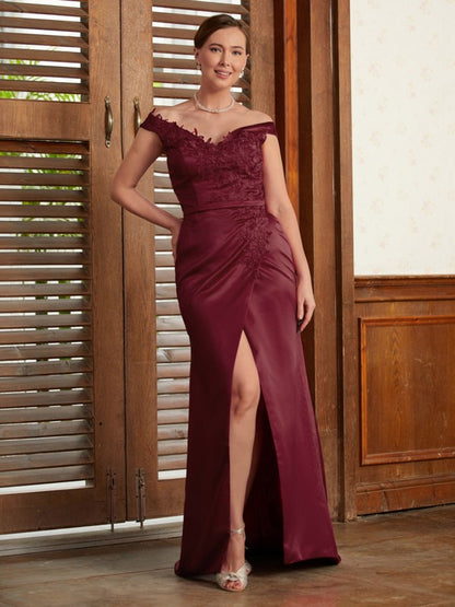 Sheath/Column Satin Applique Off-the-Shoulder Sleeveless Sweep/Brush Train Mother of the Bride Dresses