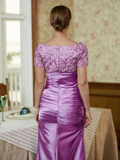 Sheath/Column Elastic Woven Satin Applique V-neck Short Sleeves Floor-Length Mother of the Bride Dresses